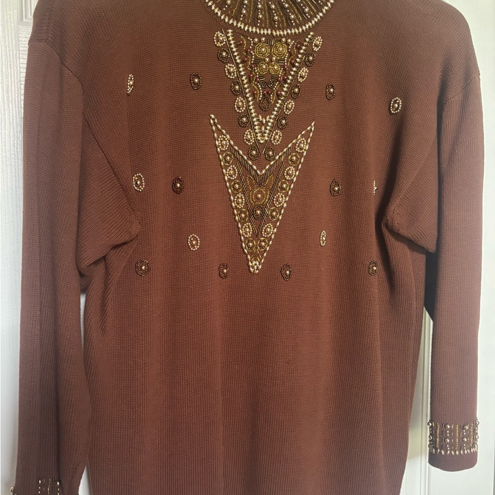 Brown Beaded Sweater Like New Size M